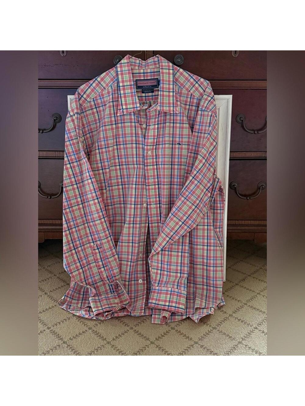 Vineyard Vines Whale Shirt button down bright coral plaid check L